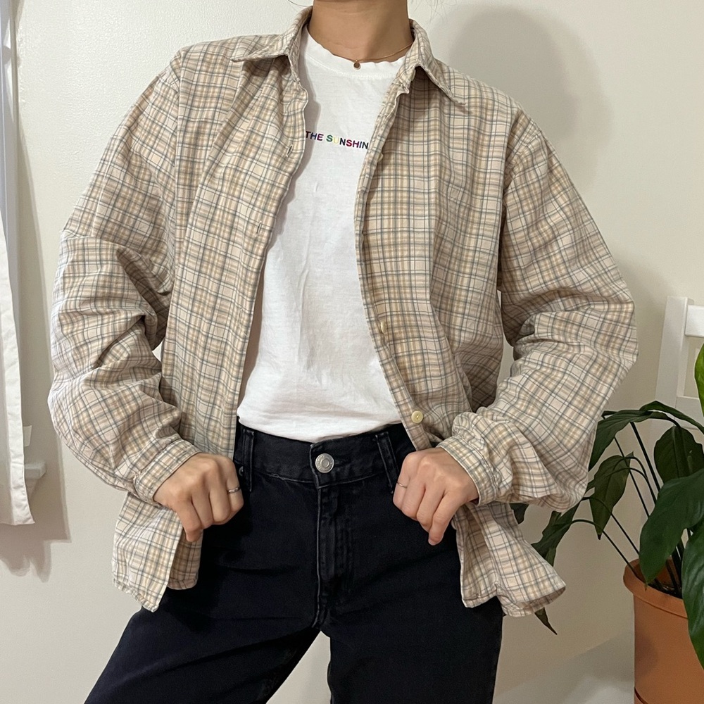 Woolrich 100% Cotton Tan And Cream Plaid Button Up Preppy Shirt Size Large